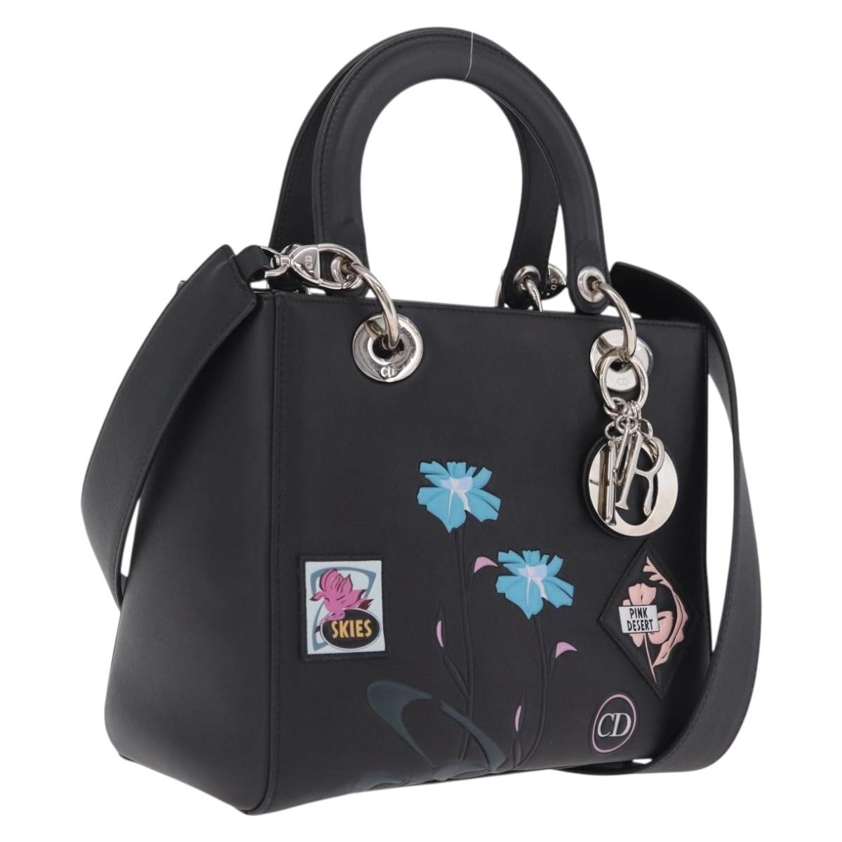 Christian Dior Lady Dior Hand Bag Leather 2way Black Silver Auth 211343SAM