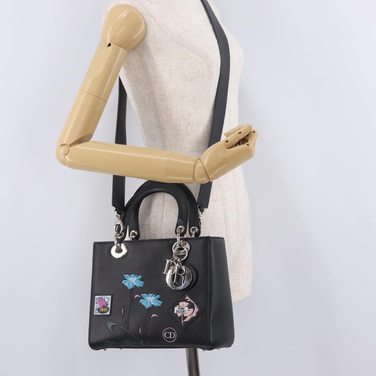 Christian Dior Lady Dior Hand Bag Leather 2way Black Silver Auth 211343SAM
