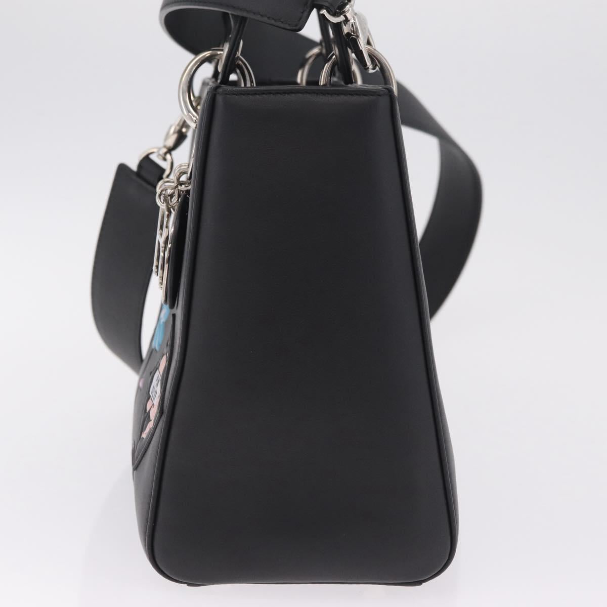 Christian Dior Lady Dior Hand Bag Leather 2way Black Silver Auth 211343SAM