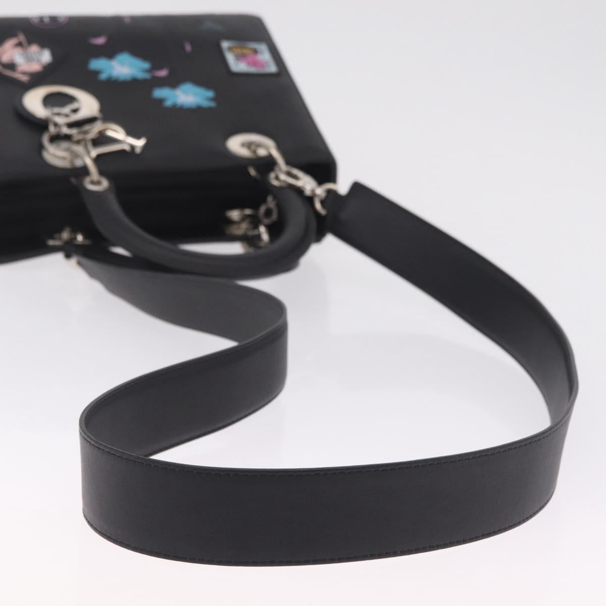 Christian Dior Lady Dior Hand Bag Leather 2way Black Silver Auth 211343SAM