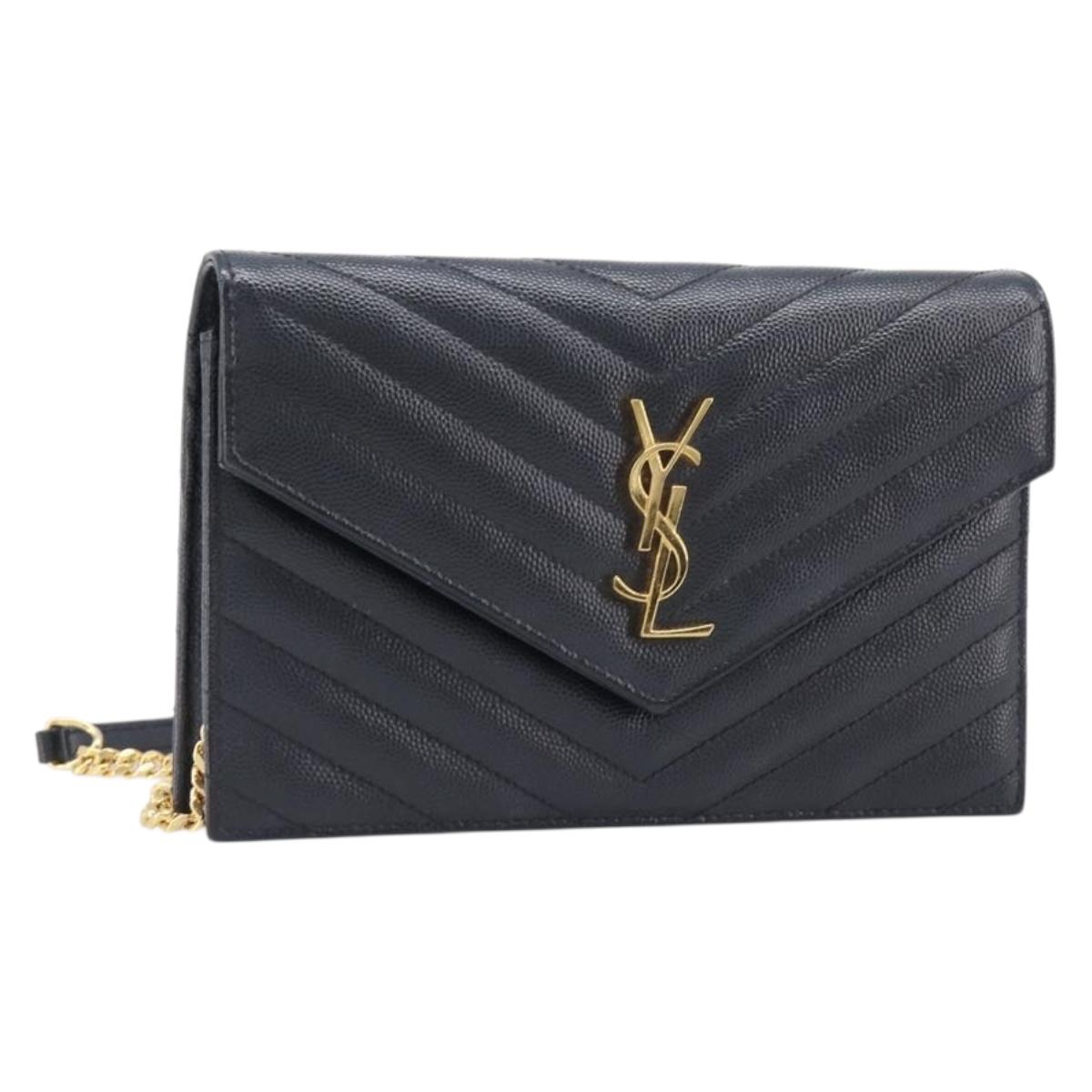 Saint Laurent Chain Shoulder Bag Leather Black Gold 393953 Auth 211431M