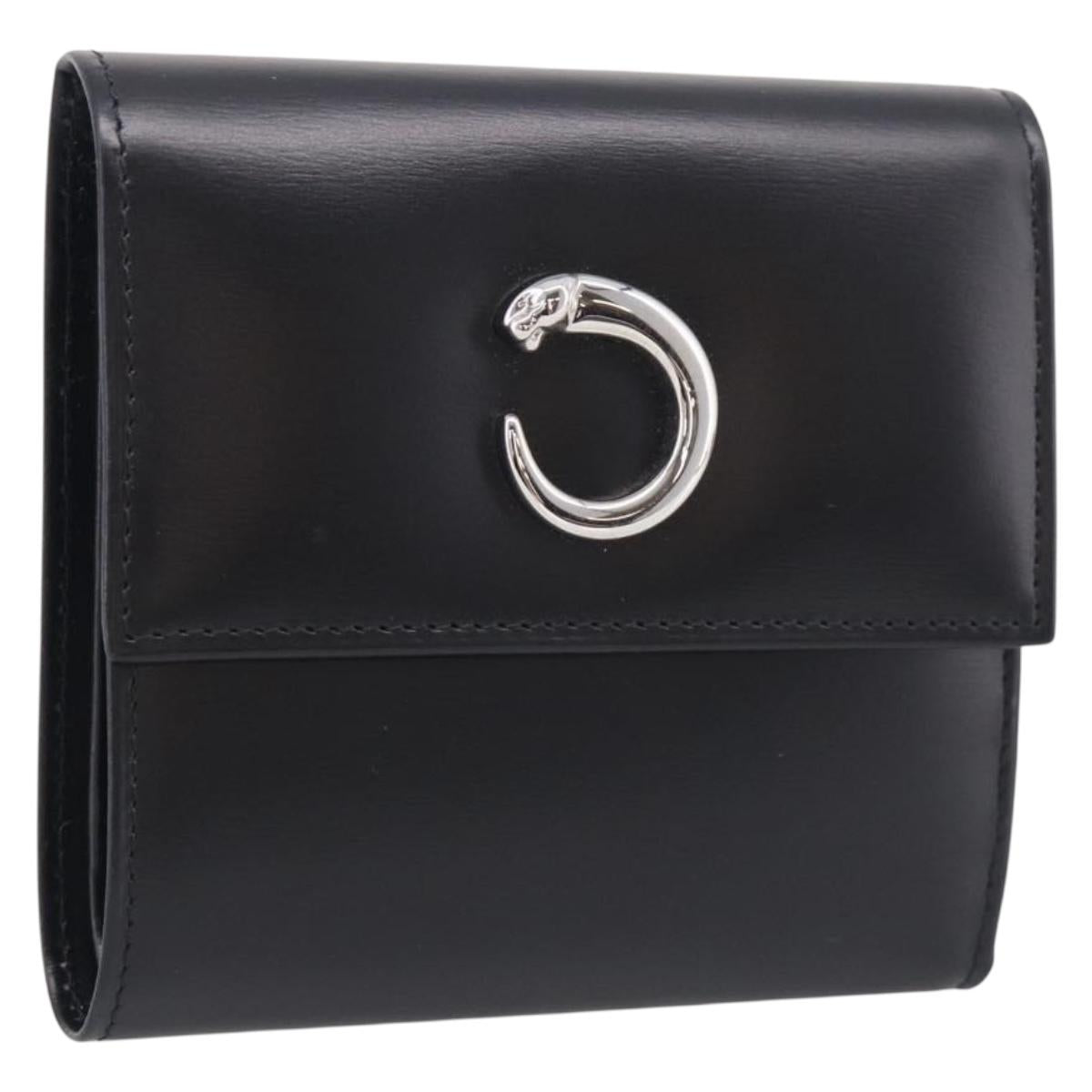 Cartier PANTHERE Wallet Leather Black Silver Auth 211473A