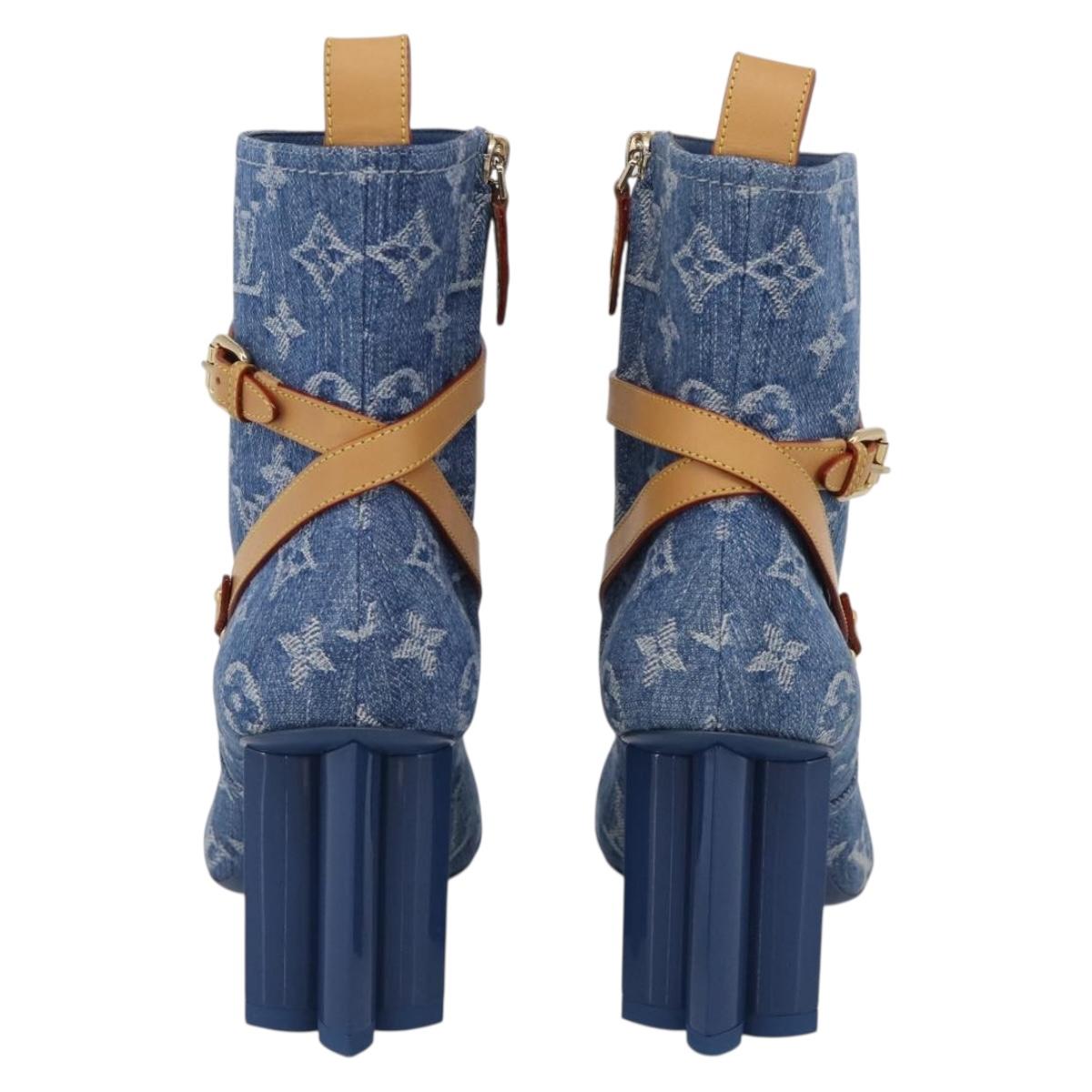 LOUIS VUITTON Monogram Denim Boots 37 Blue LV Auth 211475M