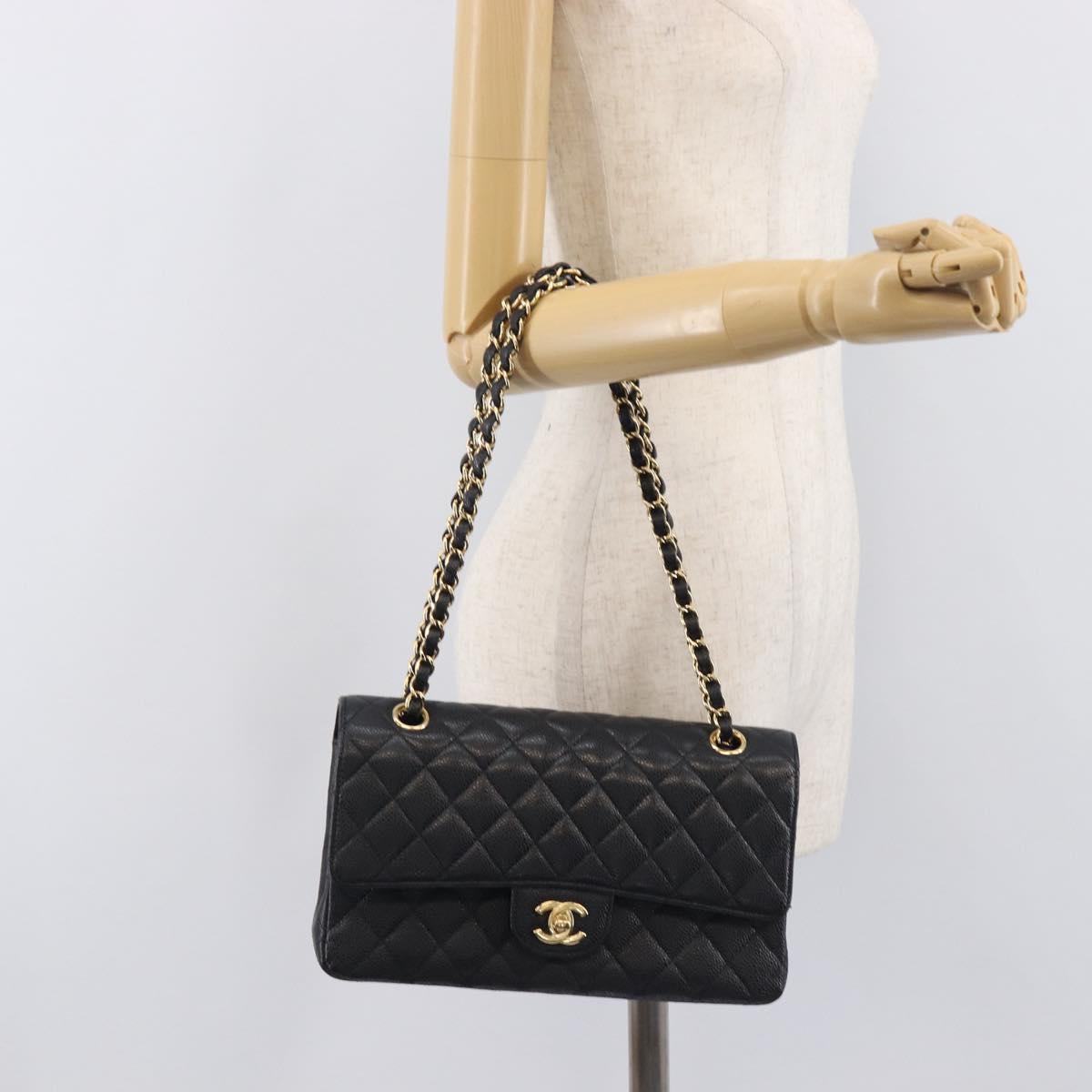 CHANEL Matelasse 25 Chain Shoulder Bag Caviar Skin Black Gold CC Auth 211485SAM