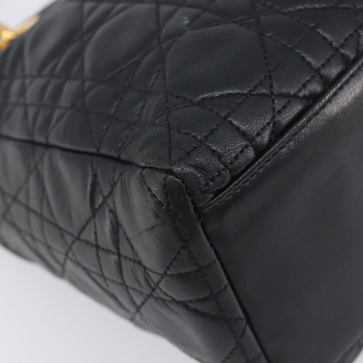 Christian Dior Canage Lady Dior Hand Bag Lamb Skin Black Gold Tone Auth 211495V