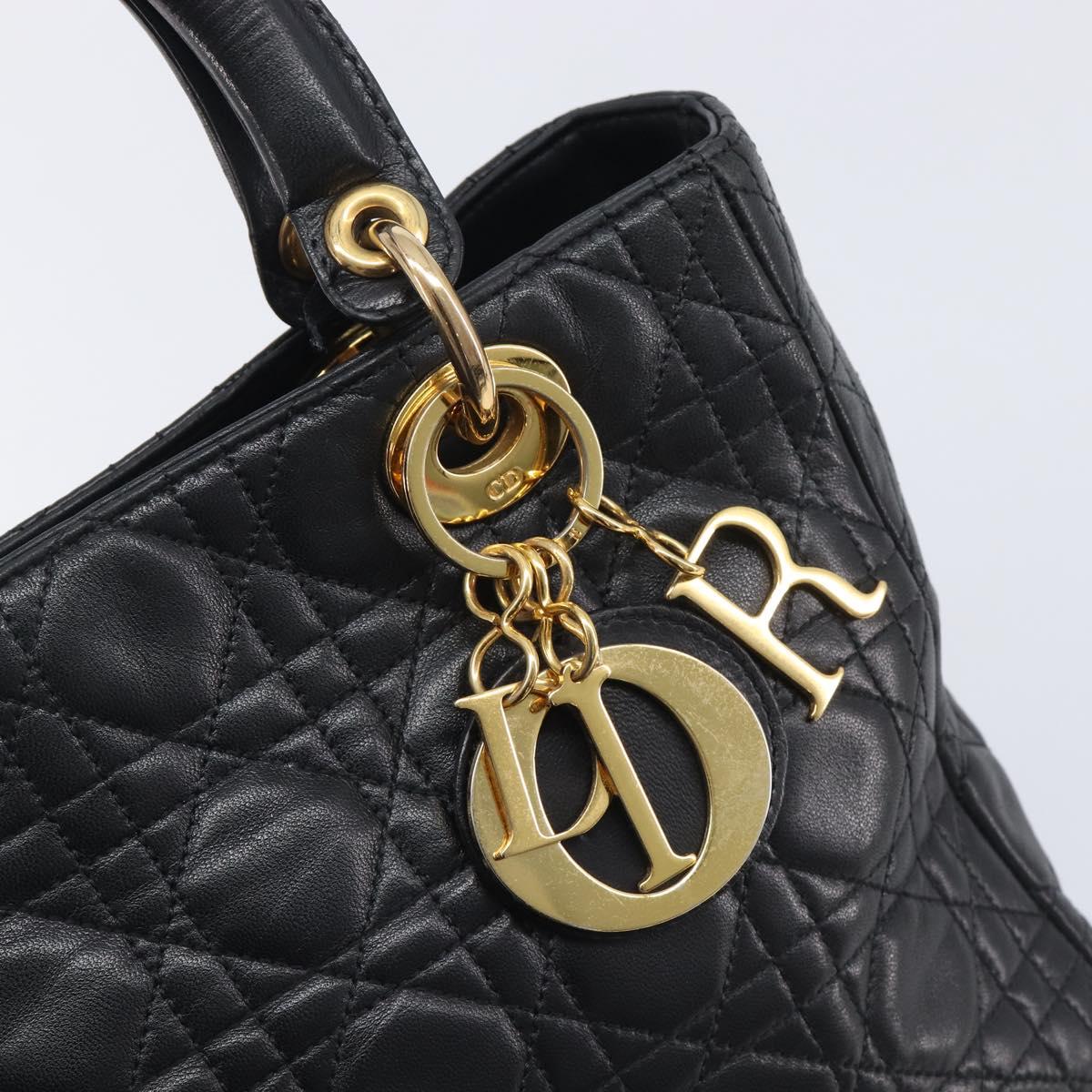 Christian Dior Canage Lady Dior Hand Bag Lamb Skin Black Gold Tone Auth 211495V