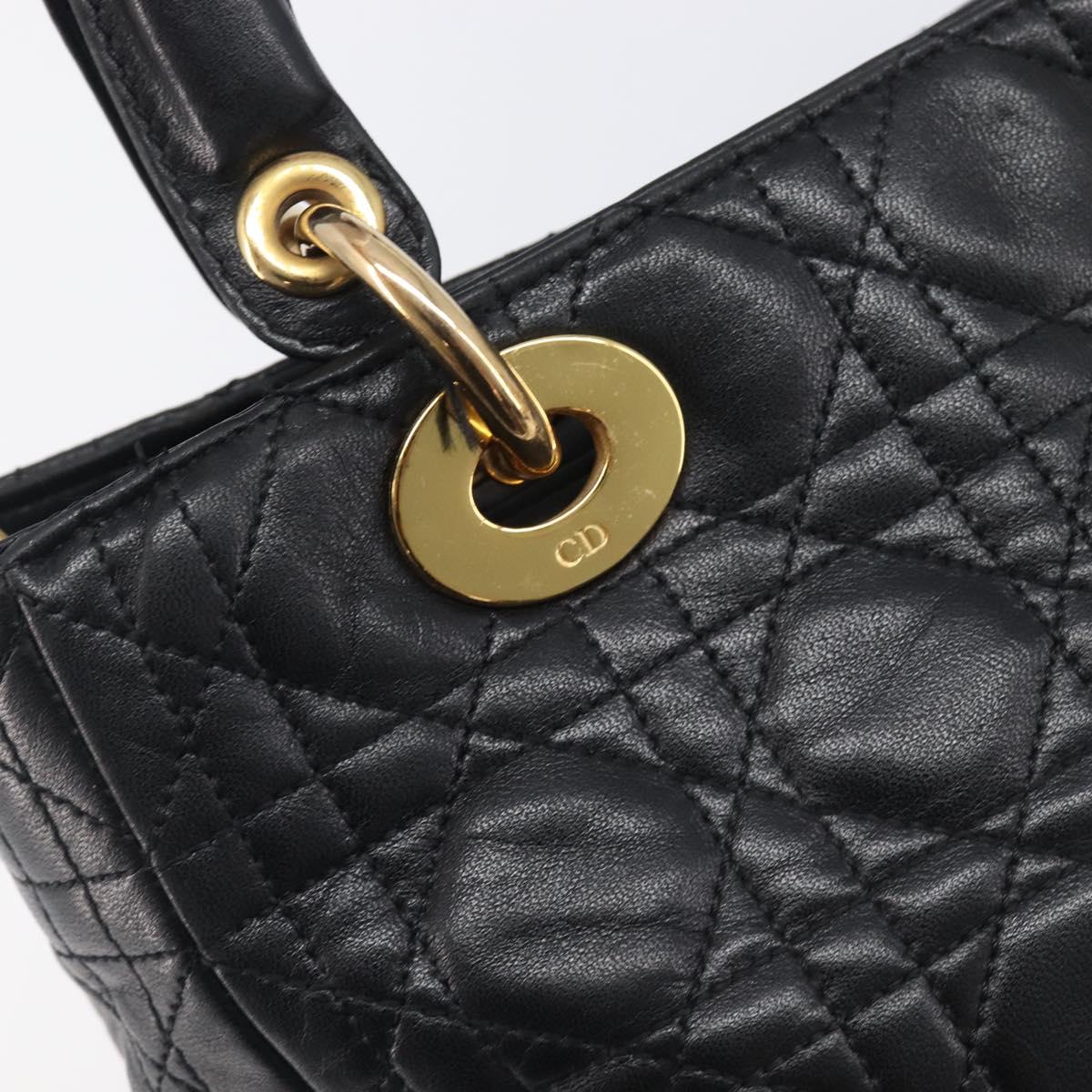Christian Dior Canage Lady Dior Hand Bag Lamb Skin Black Gold Tone Auth 211495V