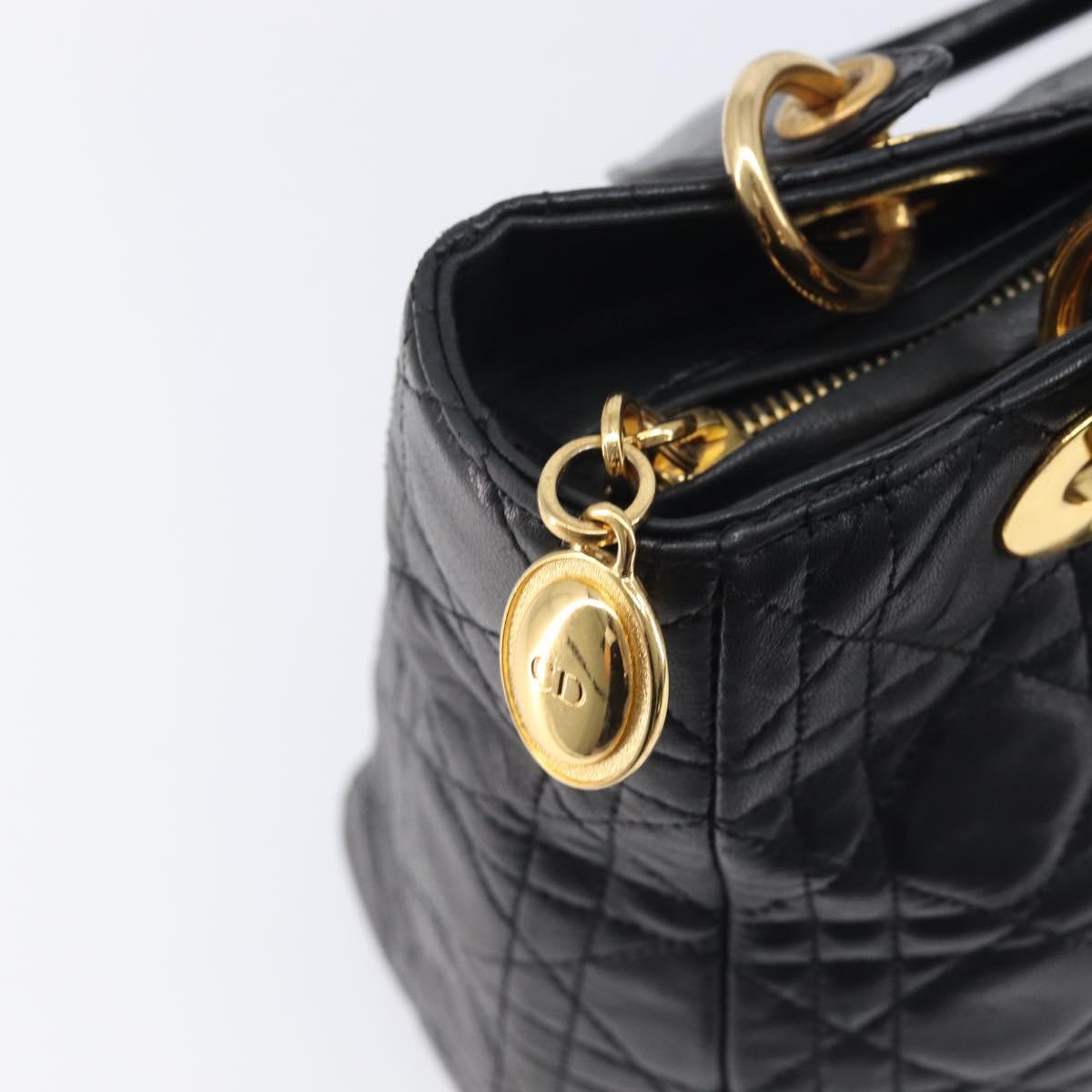 Christian Dior Canage Lady Dior Hand Bag Lamb Skin Black Gold Tone Auth 211495V