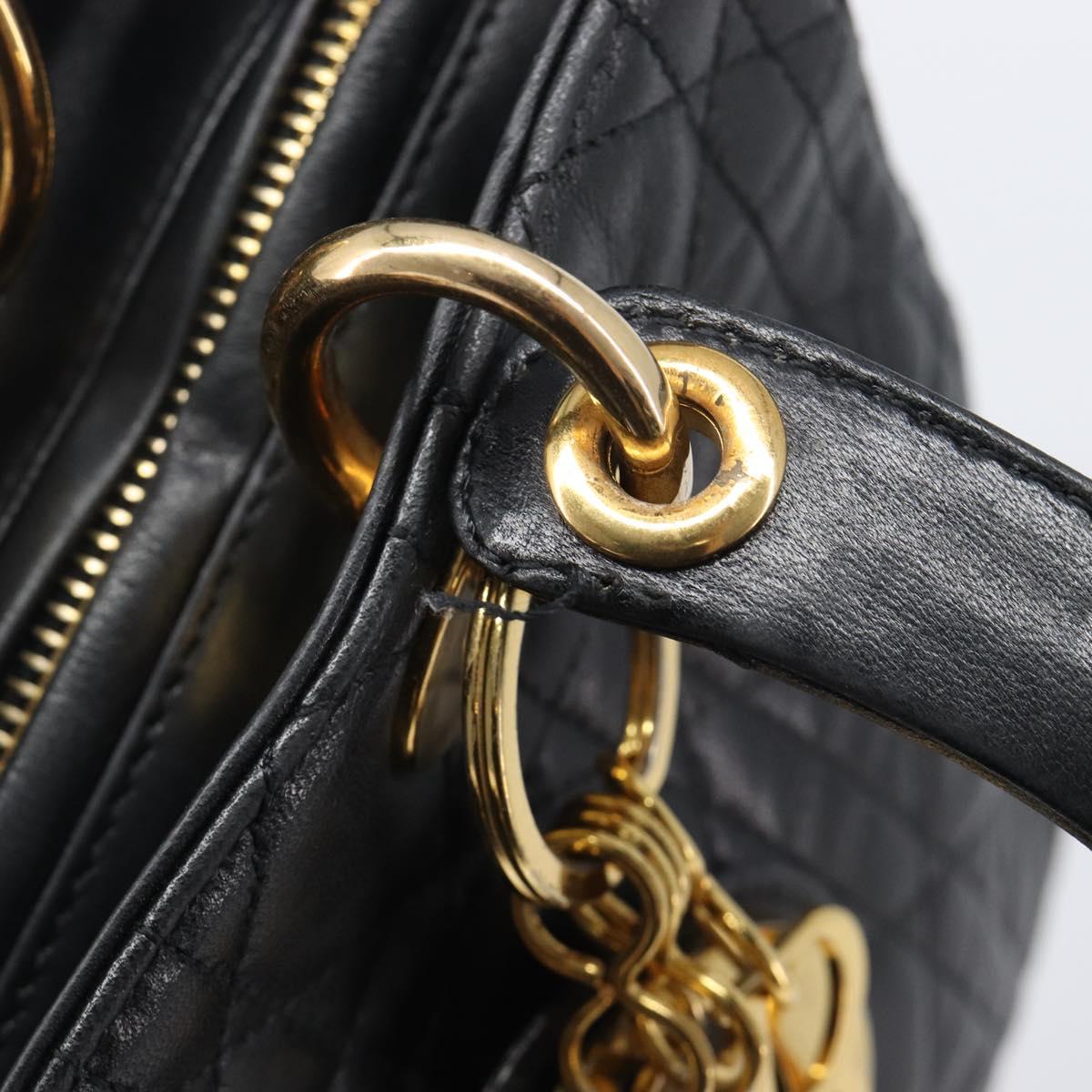 Christian Dior Canage Lady Dior Hand Bag Lamb Skin Black Gold Tone Auth 211495V