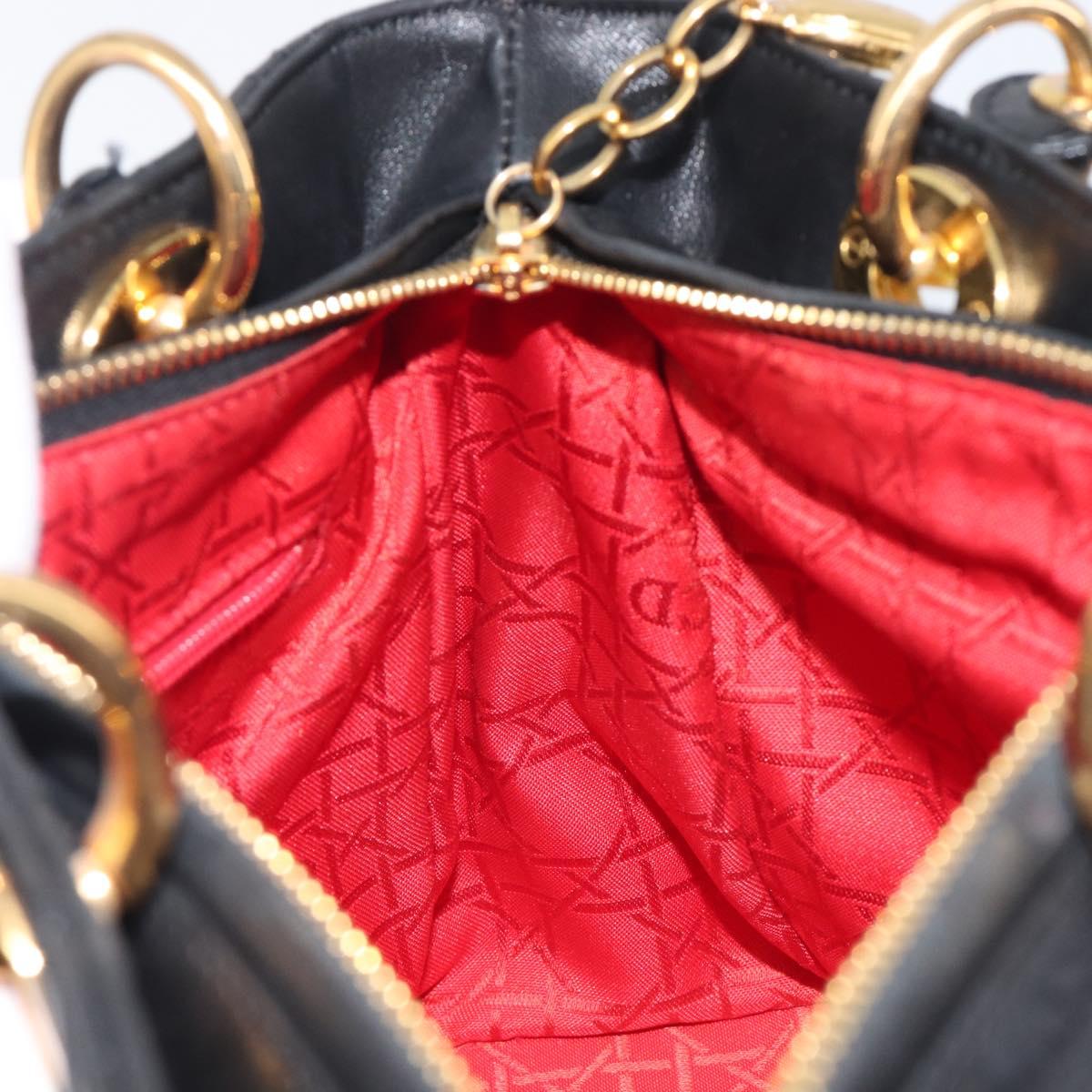 Christian Dior Canage Lady Dior Hand Bag Lamb Skin Black Gold Tone Auth 211495V