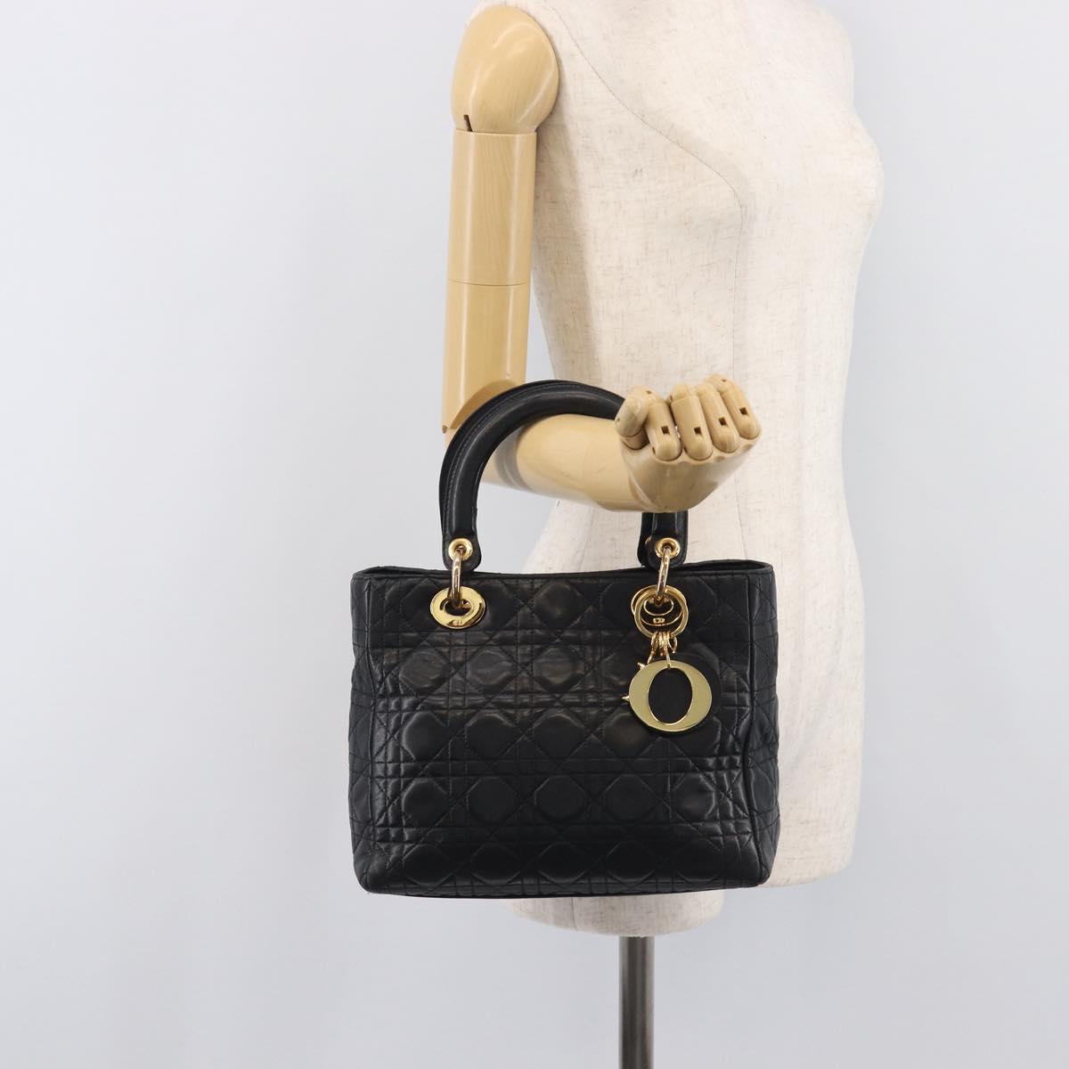 Christian Dior Canage Lady Dior Hand Bag Lamb Skin Black Gold Tone Auth 211495V
