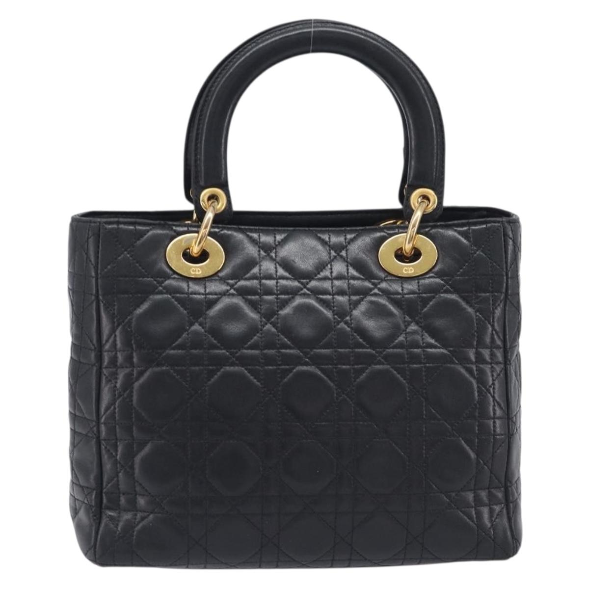 Christian Dior Canage Lady Dior Hand Bag Lamb Skin Black Gold Tone Auth 211495V