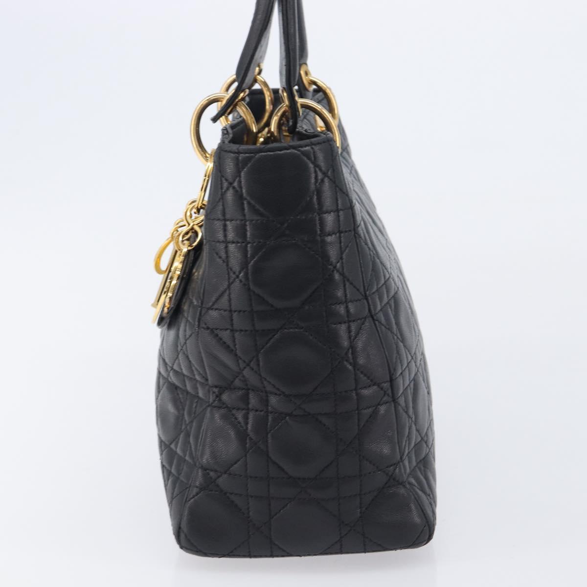 Christian Dior Canage Lady Dior Hand Bag Lamb Skin Black Gold Tone Auth 211495V