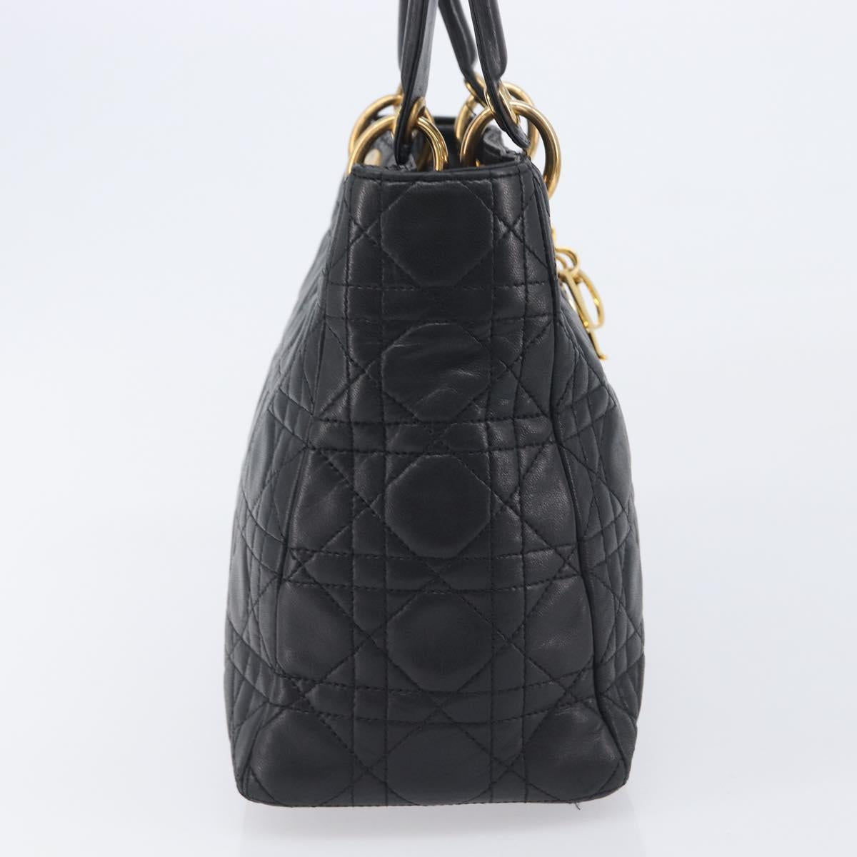Christian Dior Canage Lady Dior Hand Bag Lamb Skin Black Gold Tone Auth 211495V
