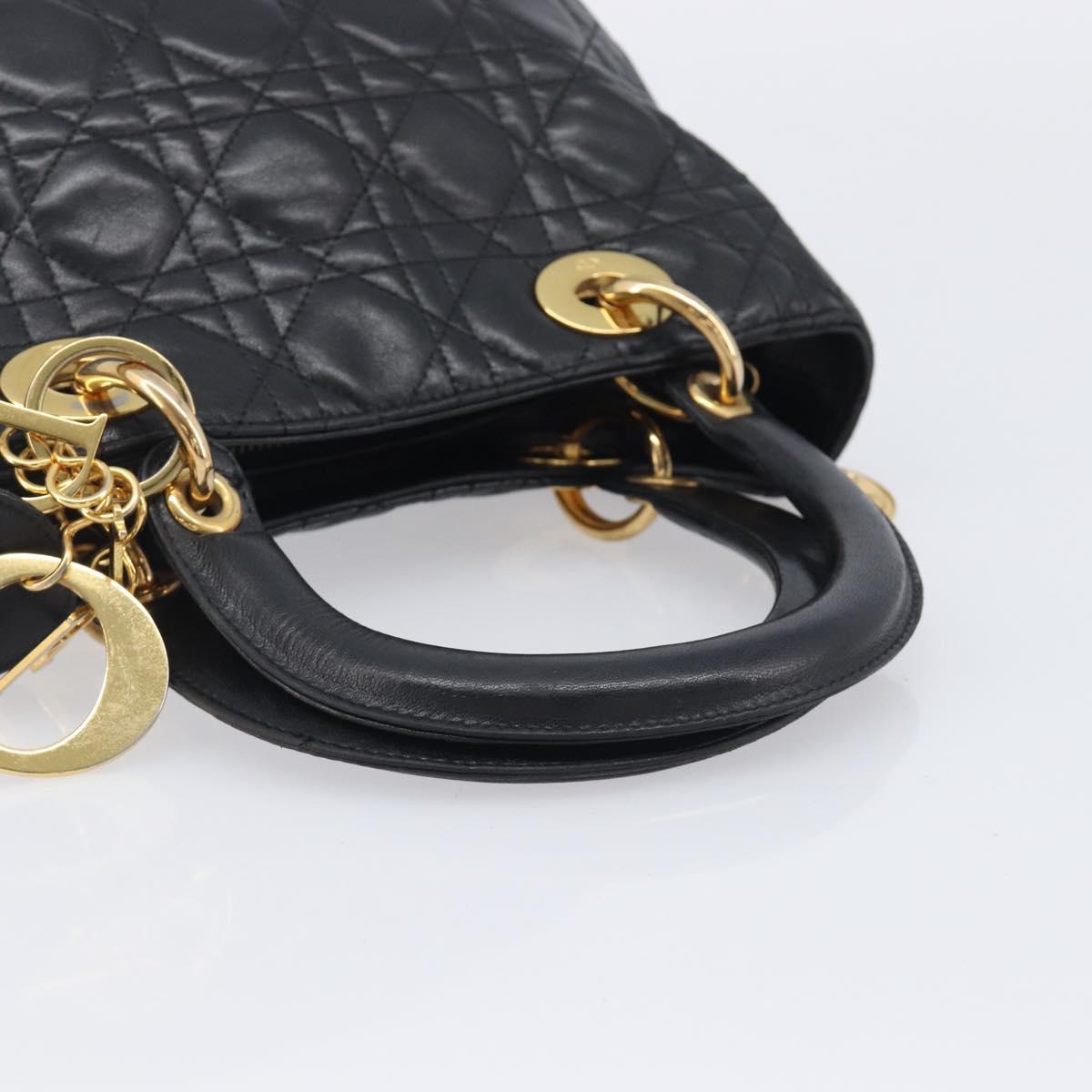 Christian Dior Canage Lady Dior Hand Bag Lamb Skin Black Gold Tone Auth 211495V