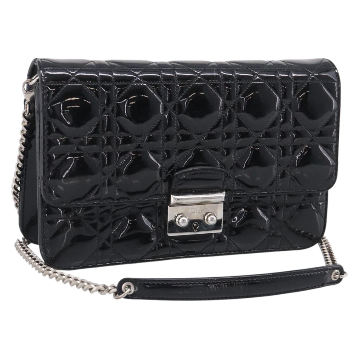 Christian Dior Canage Chain Shoulder Bag patent Black Silver Auth 211498V