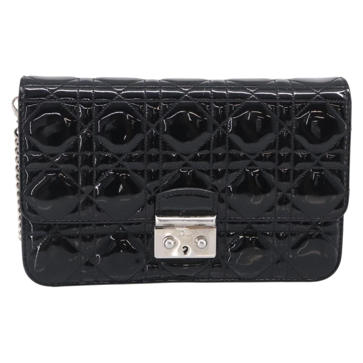 Christian Dior Canage Chain Shoulder Bag patent Black Silver Auth 211498V