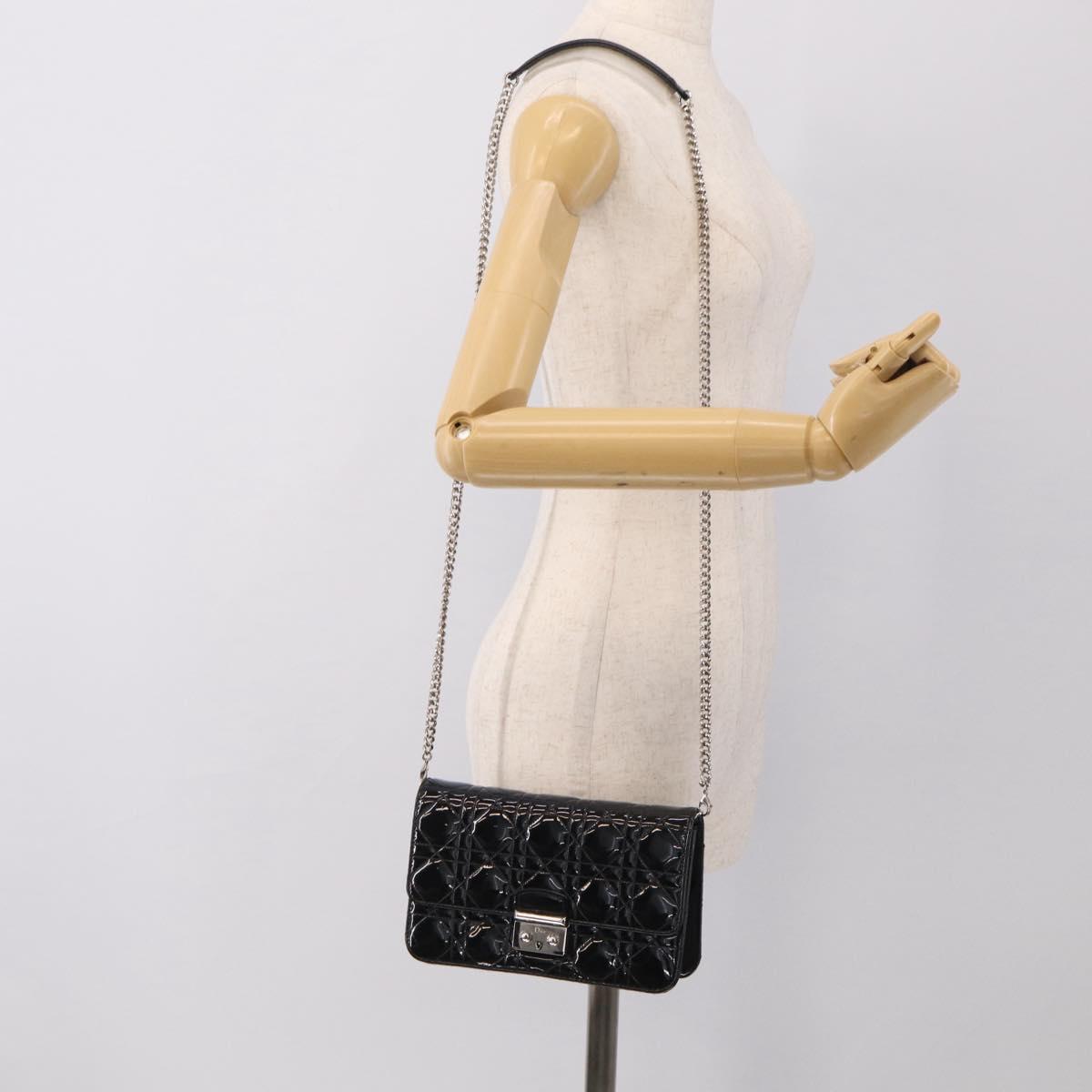 Christian Dior Canage Chain Shoulder Bag patent Black Silver Auth 211498V