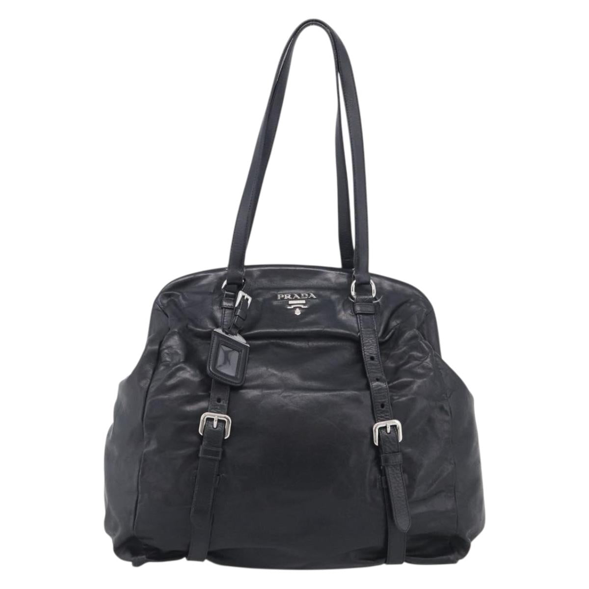 PRADA Vitellolux Tote Bag Leather Black Silver Auth 211512A