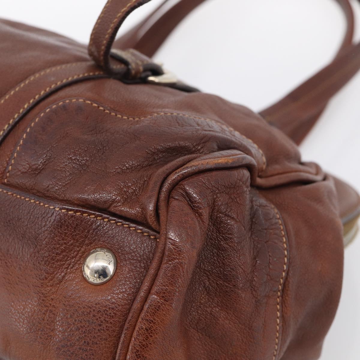 PRADA Tote Bag Leather Brown Silver Auth 211514V