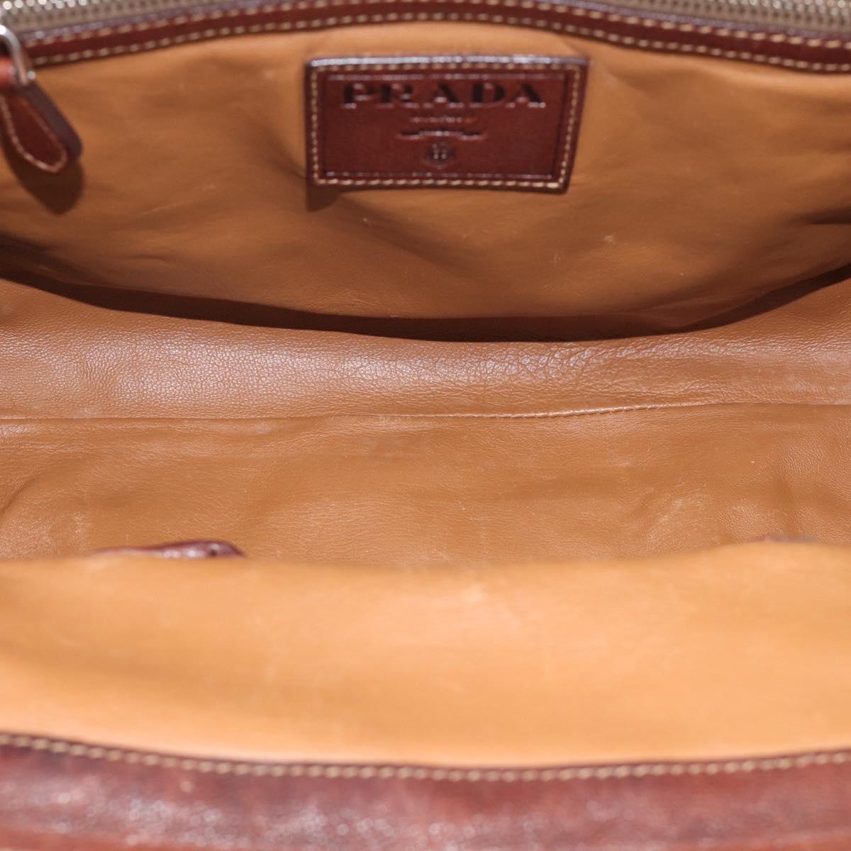 PRADA Tote Bag Leather Brown Silver Auth 211514V