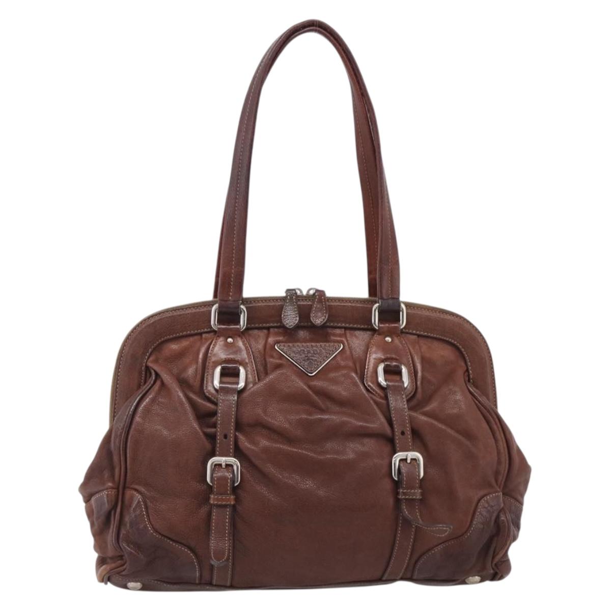 PRADA Tote Bag Leather Brown Silver Auth 211514V