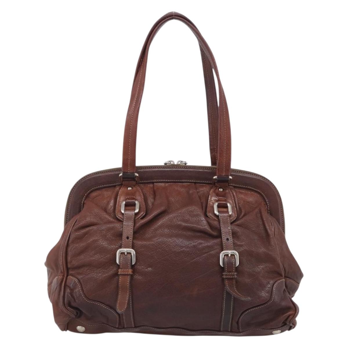 PRADA Tote Bag Leather Brown Silver Auth 211514V