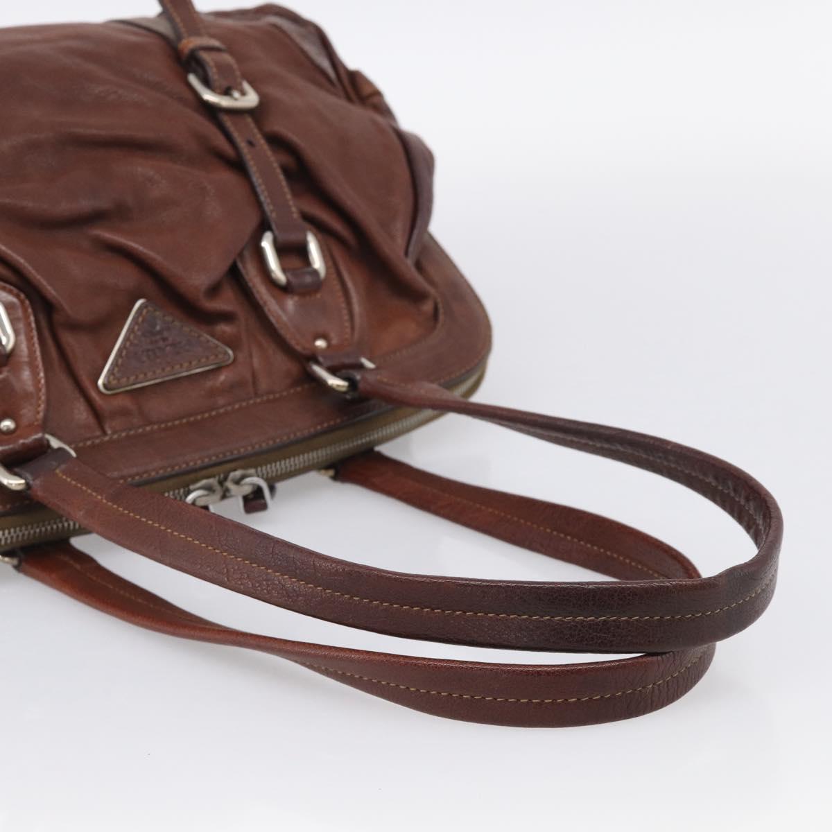 PRADA Tote Bag Leather Brown Silver Auth 211514V