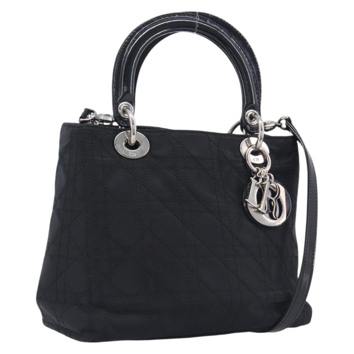 Christian Dior Canage Lady Dior Hand Bag Nylon 2way Black Silver Auth 211516V