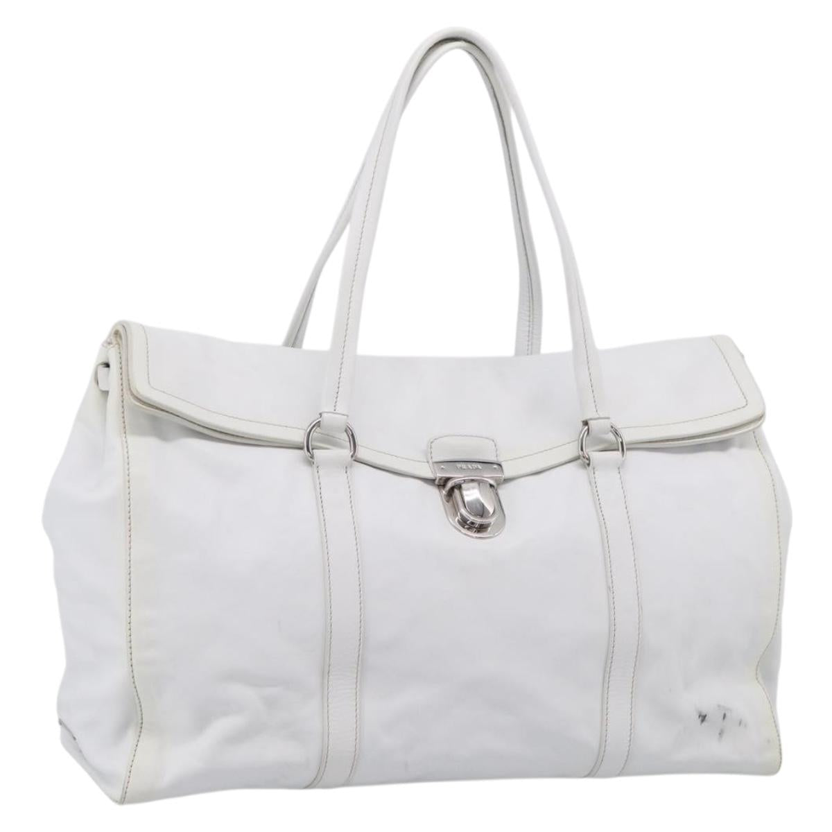 PRADA Tote Bag Leather White Silver Auth 211540A