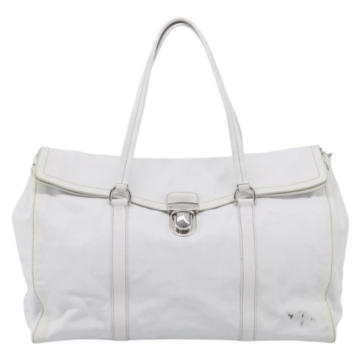 PRADA Tote Bag Leather White Silver Auth 211540A