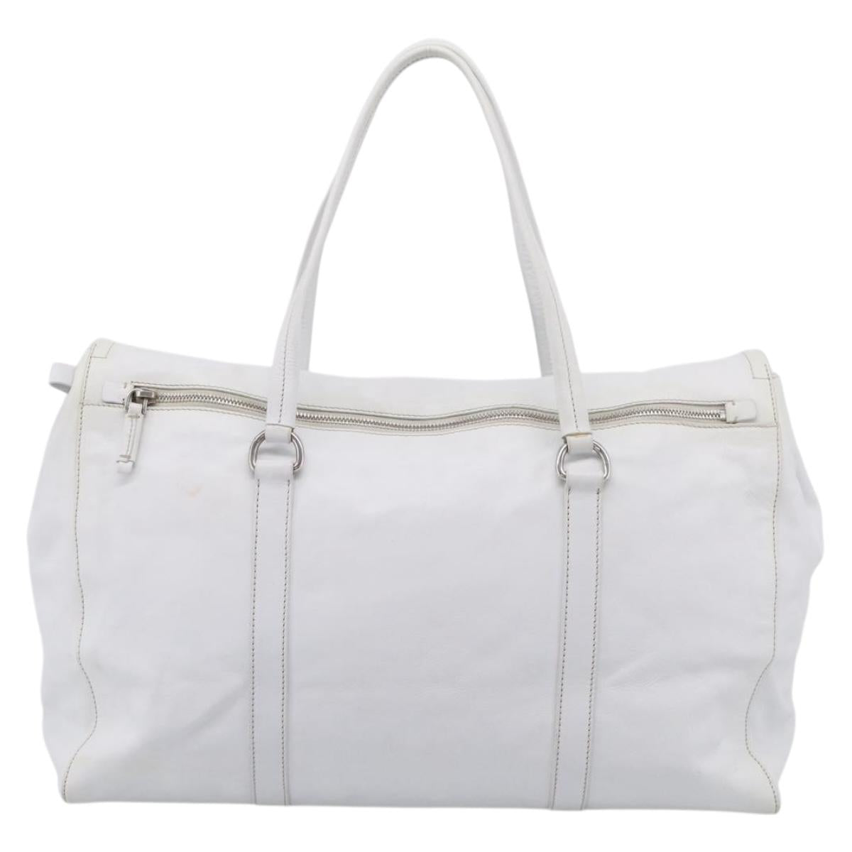 PRADA Tote Bag Leather White Silver Auth 211540A