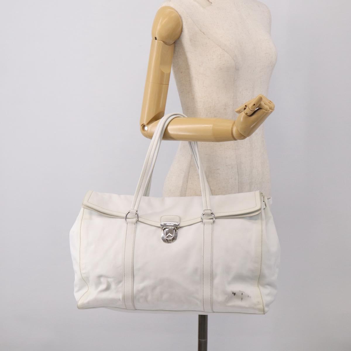 PRADA Tote Bag Leather White Silver Auth 211540A