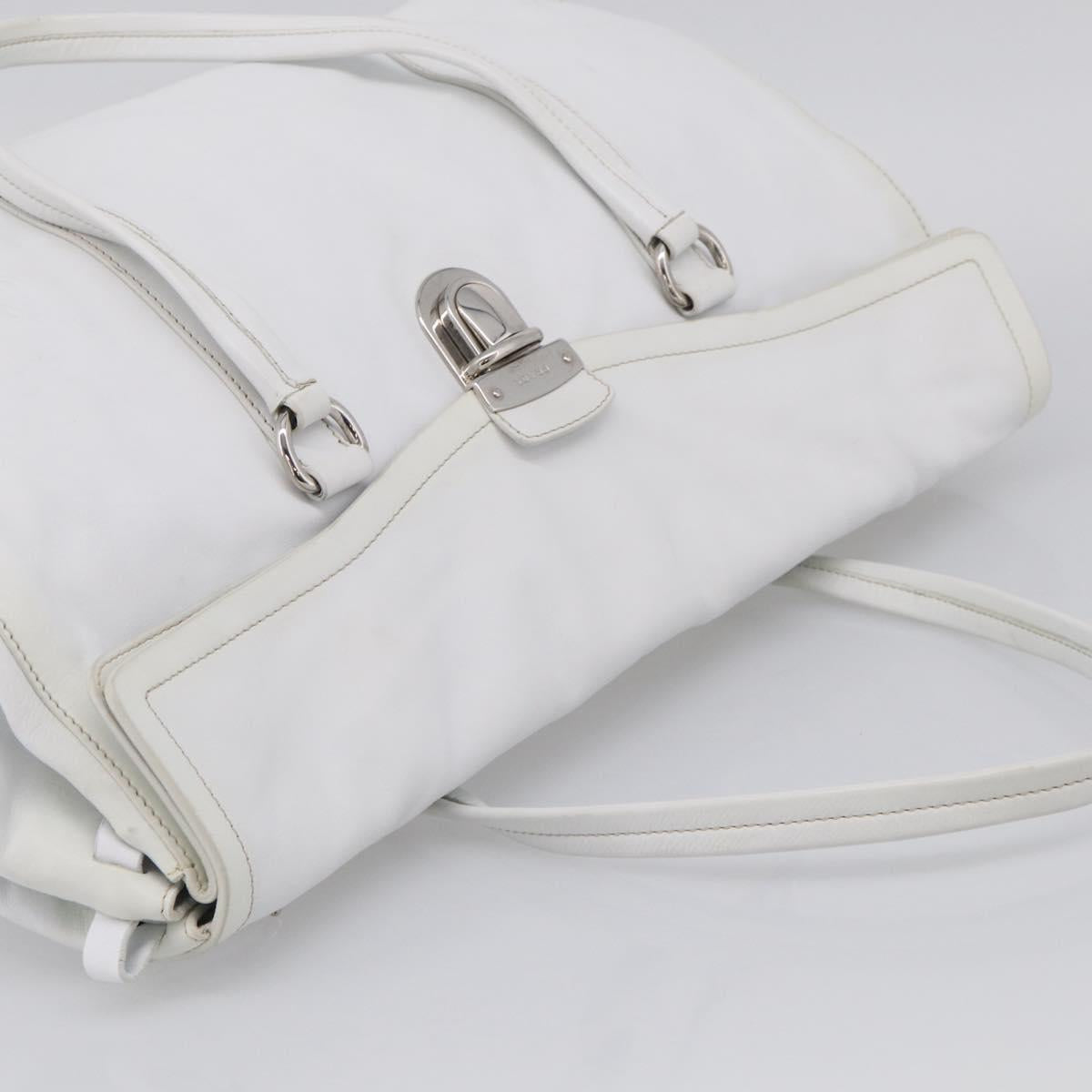 PRADA Tote Bag Leather White Silver Auth 211540A