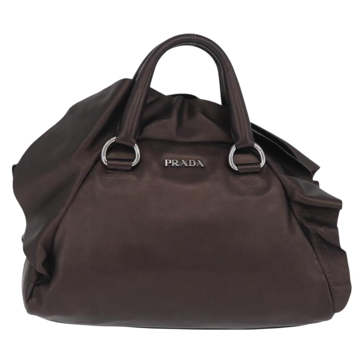 PRADA Hand Bag Leather Bronze Silver Auth 211549V