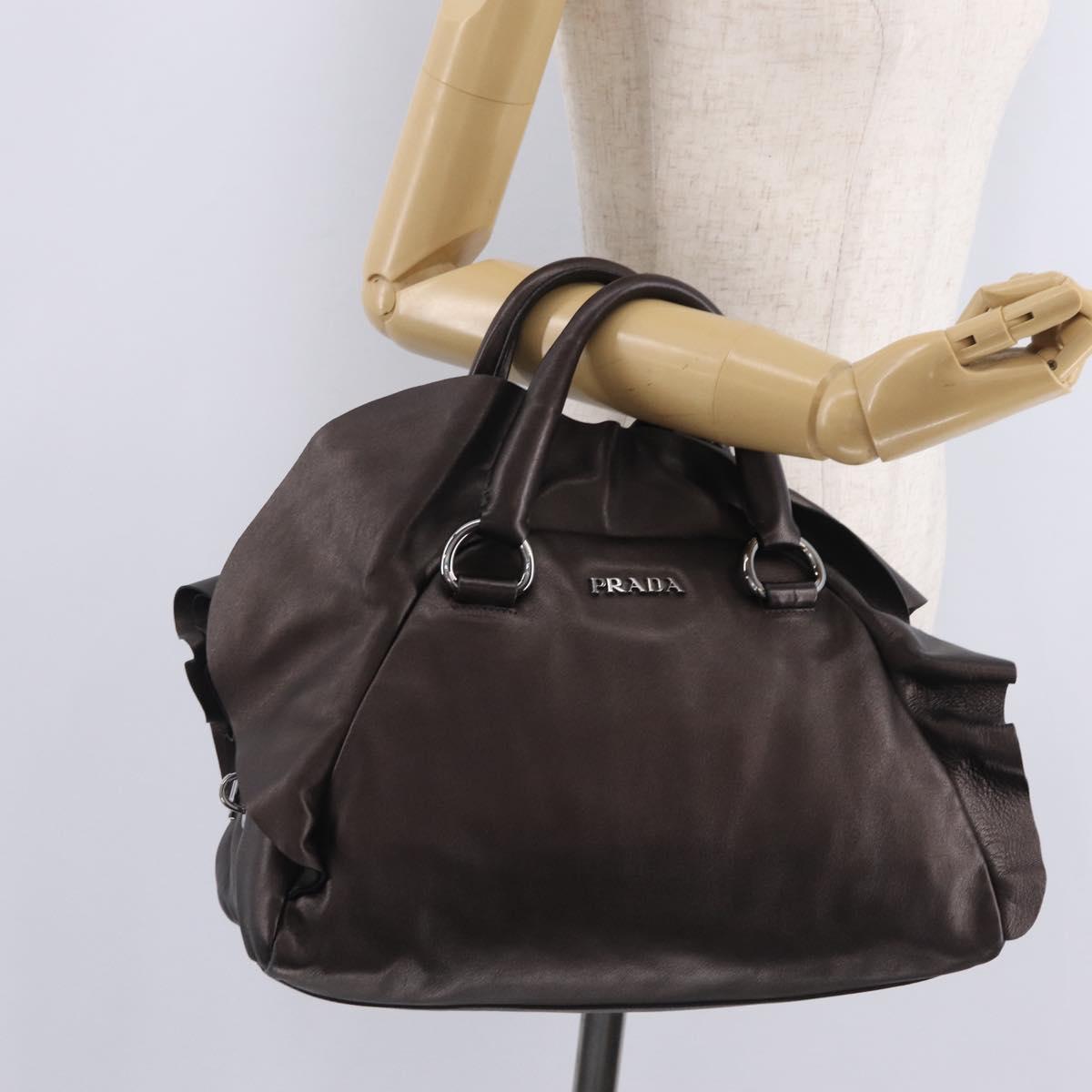 PRADA Hand Bag Leather Bronze Silver Auth 211549V