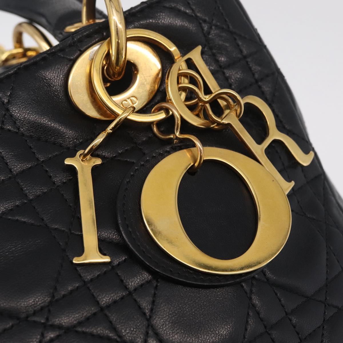 Christian Dior Canage Lady Dior Hand Bag Lamb Skin 2way Black Gold Auth 211553V