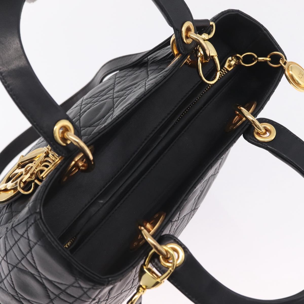Christian Dior Canage Lady Dior Hand Bag Lamb Skin 2way Black Gold Auth 211553V