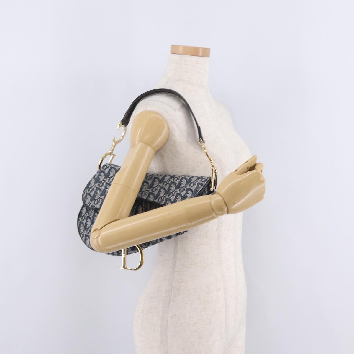 Christian Dior Trotter Canvas saddle Shoulder Bag Navy Gold Auth 211697SAV