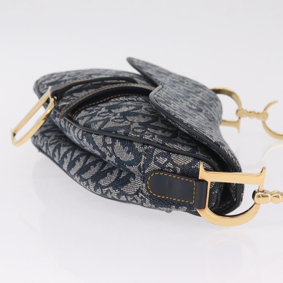 Christian Dior Trotter Canvas saddle Shoulder Bag Navy Gold Auth 211697SAV