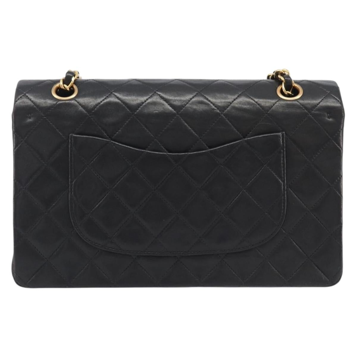 CHANEL Matelasse 25 Chain Shoulder Bag Lamb Skin Black Gold CC Auth 211705SV
