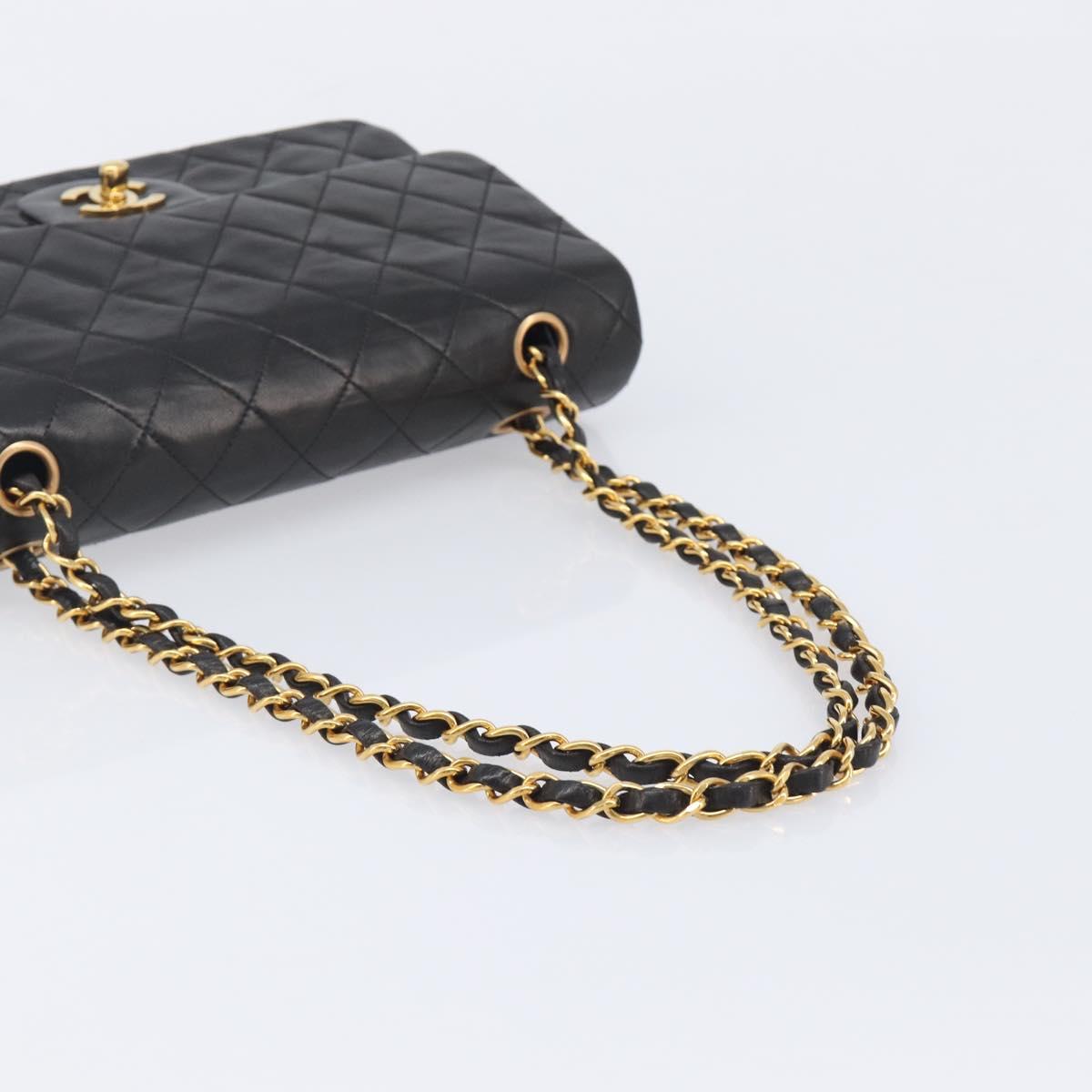 CHANEL Matelasse 25 Chain Shoulder Bag Lamb Skin Black Gold CC Auth 211705SV