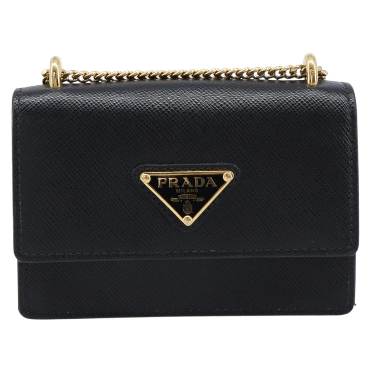 PRADA Chain Pouch Saffiano leather Black Gold Auth 211715V