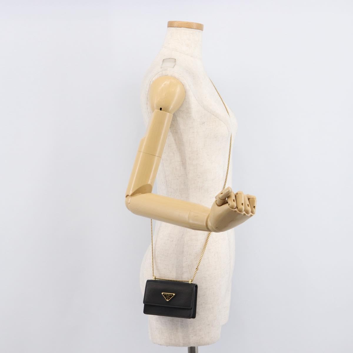 PRADA Chain Pouch Saffiano leather Black Gold Auth 211715V