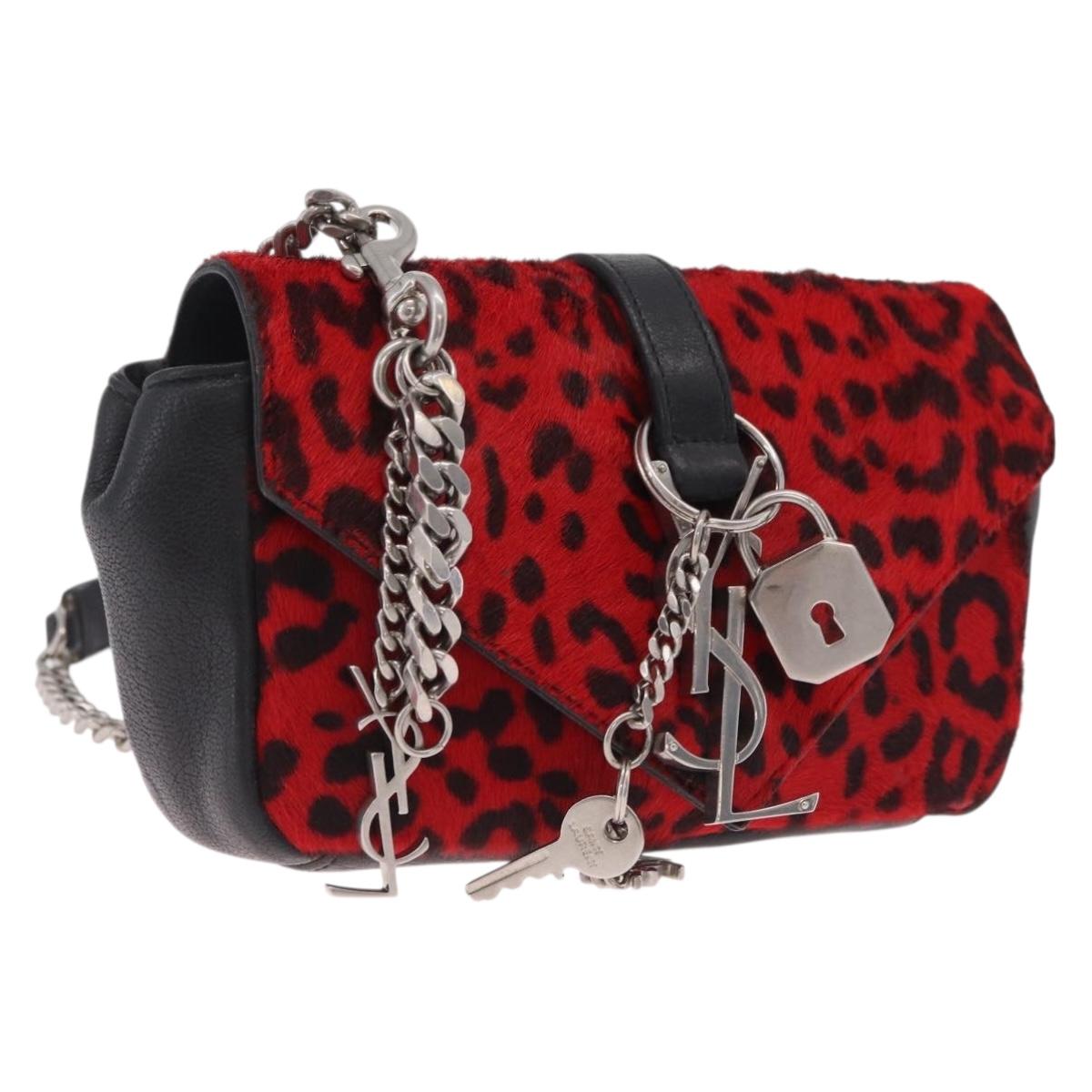 Saint Laurent Chain Shoulder Bag Harako leather Red Silver Auth 211769A