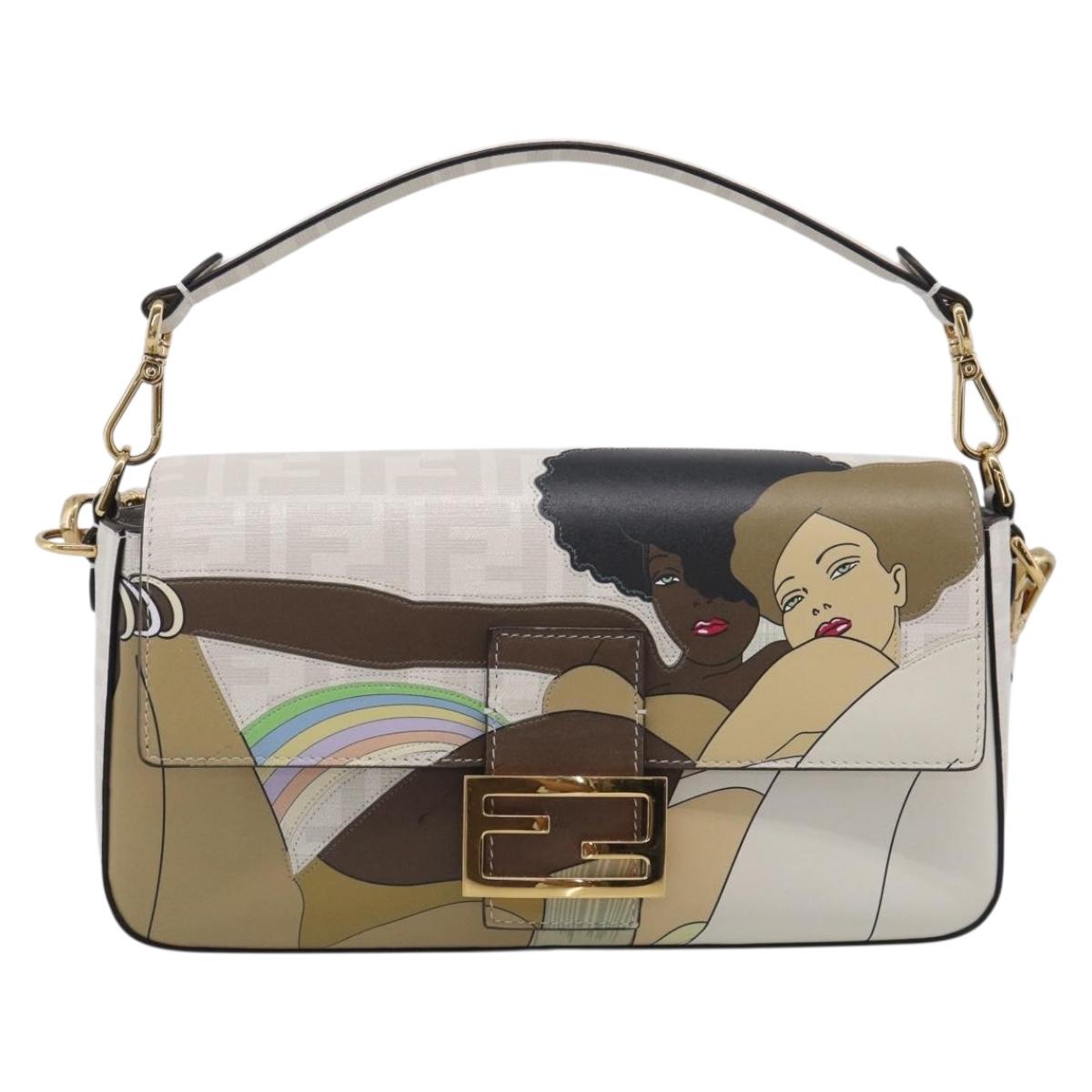 FENDI Zucca Canvas Mamma Baguette Bag PVC 2way White Gold 8BR600 Auth 211779SAM