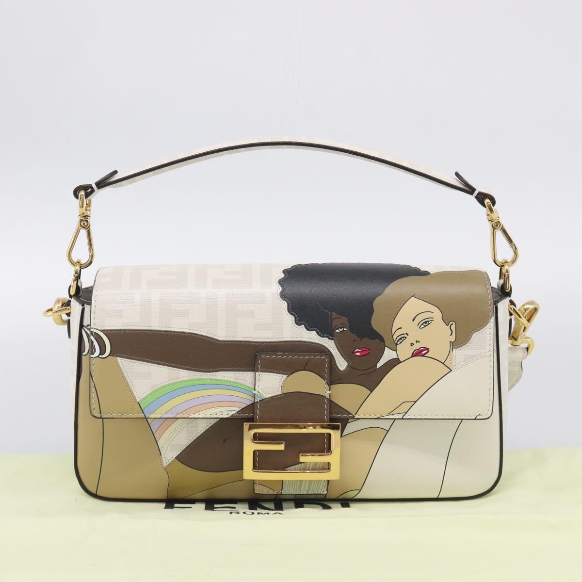 FENDI Zucca Canvas Mamma Baguette Bag PVC 2way White Gold 8BR600 Auth 211779SAM