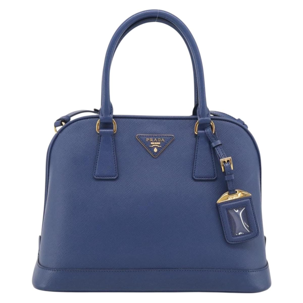 PRADA Promenade Hand Bag Saffiano leather 2way Blue Gold Auth 211781V