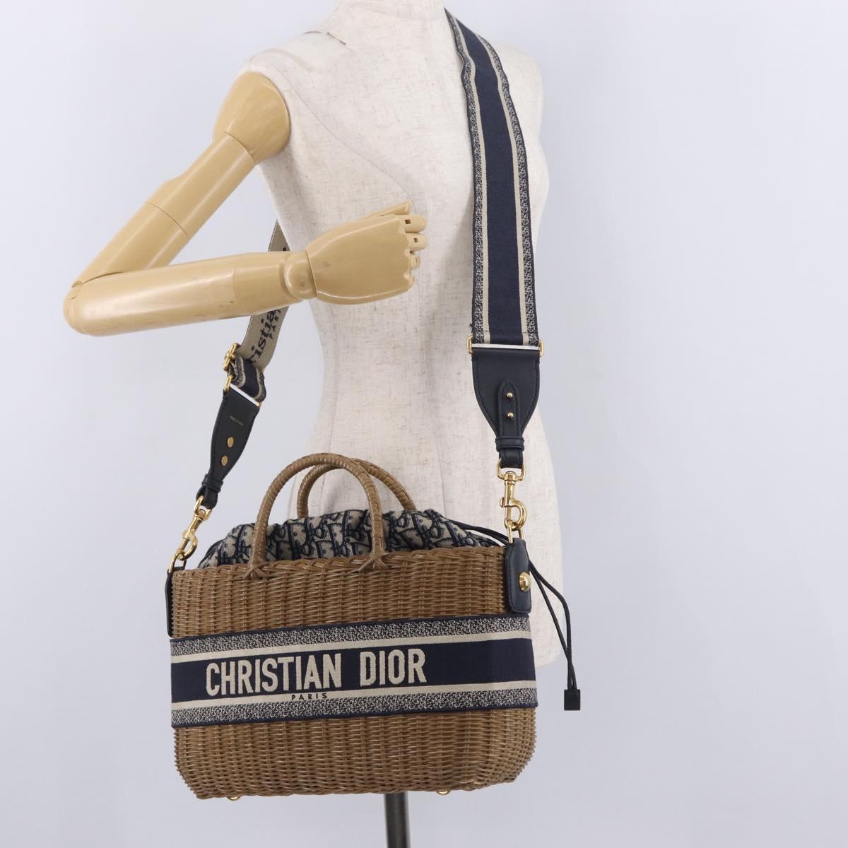 Christian Dior Book Tote Hand Bag Rattan 2way Beige Gold Auth 211782M
