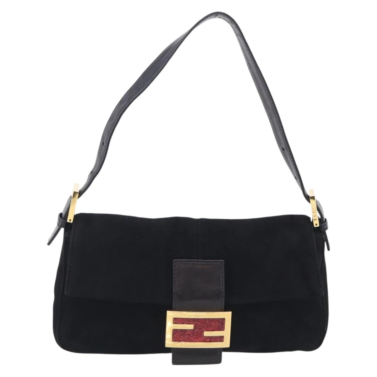 FENDI Mamma Baguette Shoulder Bag Suede Black Gold Auth 211783V